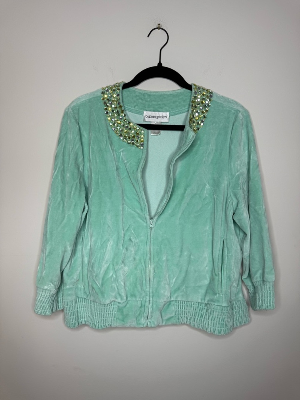 Bloomingdale's Women's vintage Mint Jeweled Collar Zip Jacket